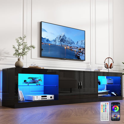 80 Inch High Gloss Led TV Stand for 90/80/75 Inch TV, Large Modern Black Entertainment Center with Adjustable Glass Shelves Two Cabinets, Gaming TV Console with Led Light for Living Room