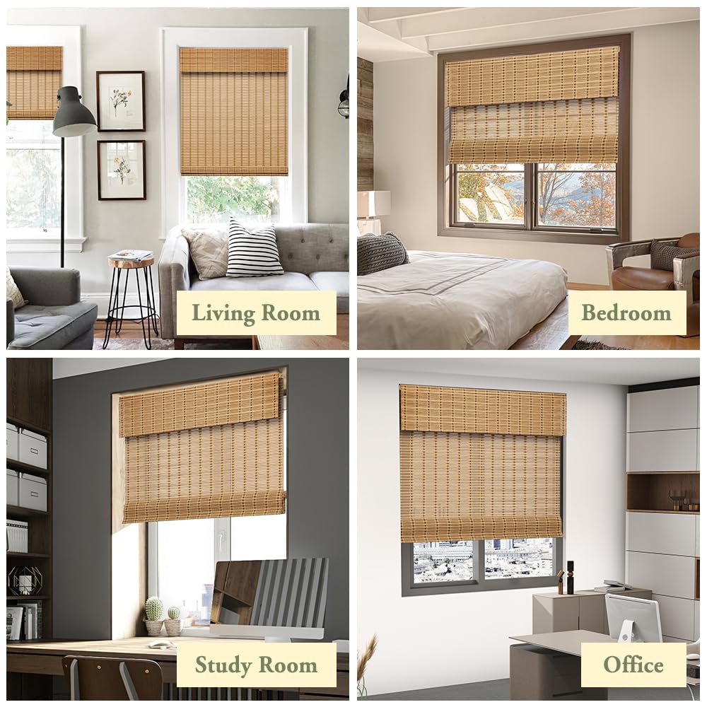 Kokorona Cordless Bamboo Roman Shades with Valance, Light Filtering Bamboo Blinds for Interior Windows, Natural Roll Up Bamboo Shades for Home, Office, Easy Installation, 34" W x 64" H, Natural Kokorona
