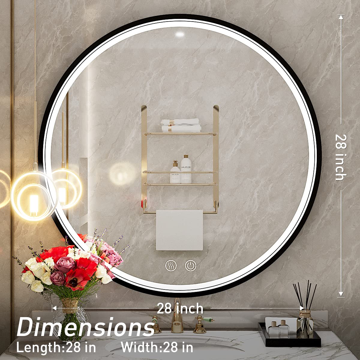 FTOTI 28 Inch LED Black Frame Round Mirror,Round Bathroom Mirror with Light,Anti-Fog & Dimmable Touch Switch, Waterproof IP54,90+ CRI FTOTI
