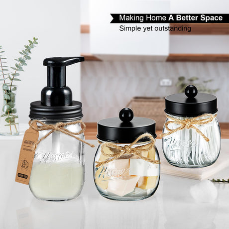 SheeChung Bathroom Accessories Set - Mason Jar Foaming Hand Soap Dispenser, Qtip Holder Set, Rustic Farmhouse Decor, Apothecary Jars, Bathroom Countertop Organizer - Black SheeChung