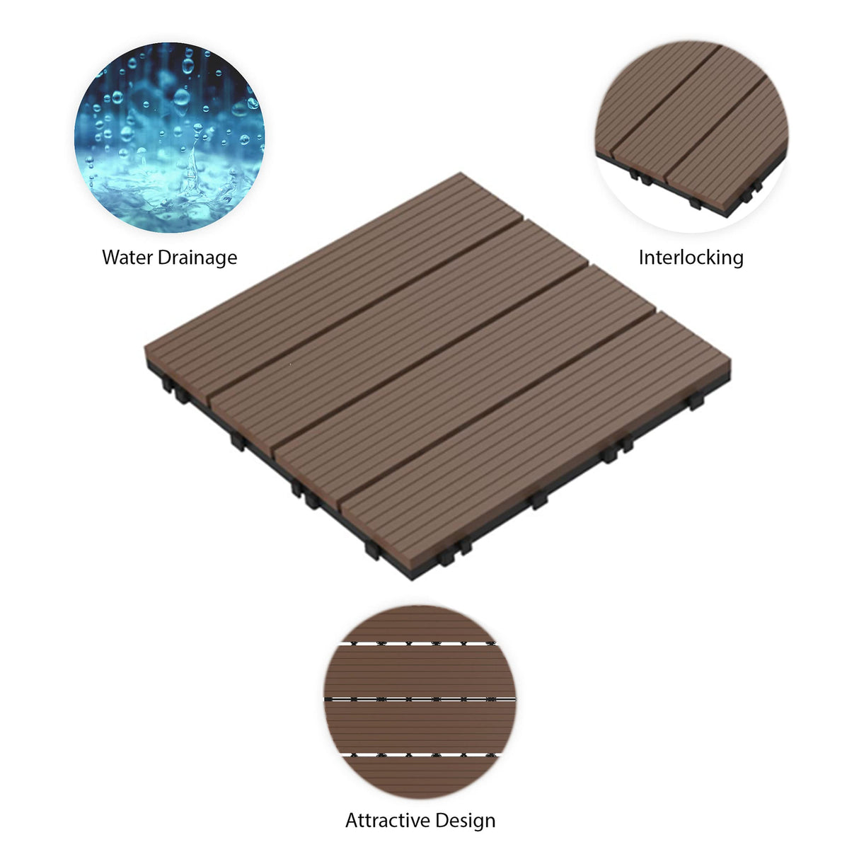 Pure Garden Patio and Deck Tiles - 24-Pack Interlocking 12x12 Wood Plastic Composite Weather-Resistant Outdoor Flooring Pavers (Brown) Pure Garden