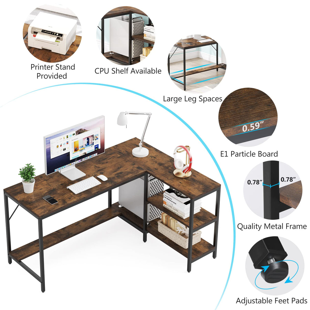 Tribesigns L Shaped Desk with Storage Shelves, Reversible Computer Desk Gaming Desk for Home Office Workstation, Rustic Brown Tribesigns