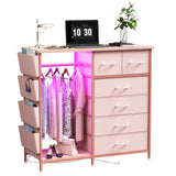 WODRAWER 6 Drawer Dresser for Bedroom with Clothes Rack, Clothes Dresser with Side Pockets and Hooks, Charging Station & LED Lights, Wooden Top, Fabric Storage (Pink) WODRAWER