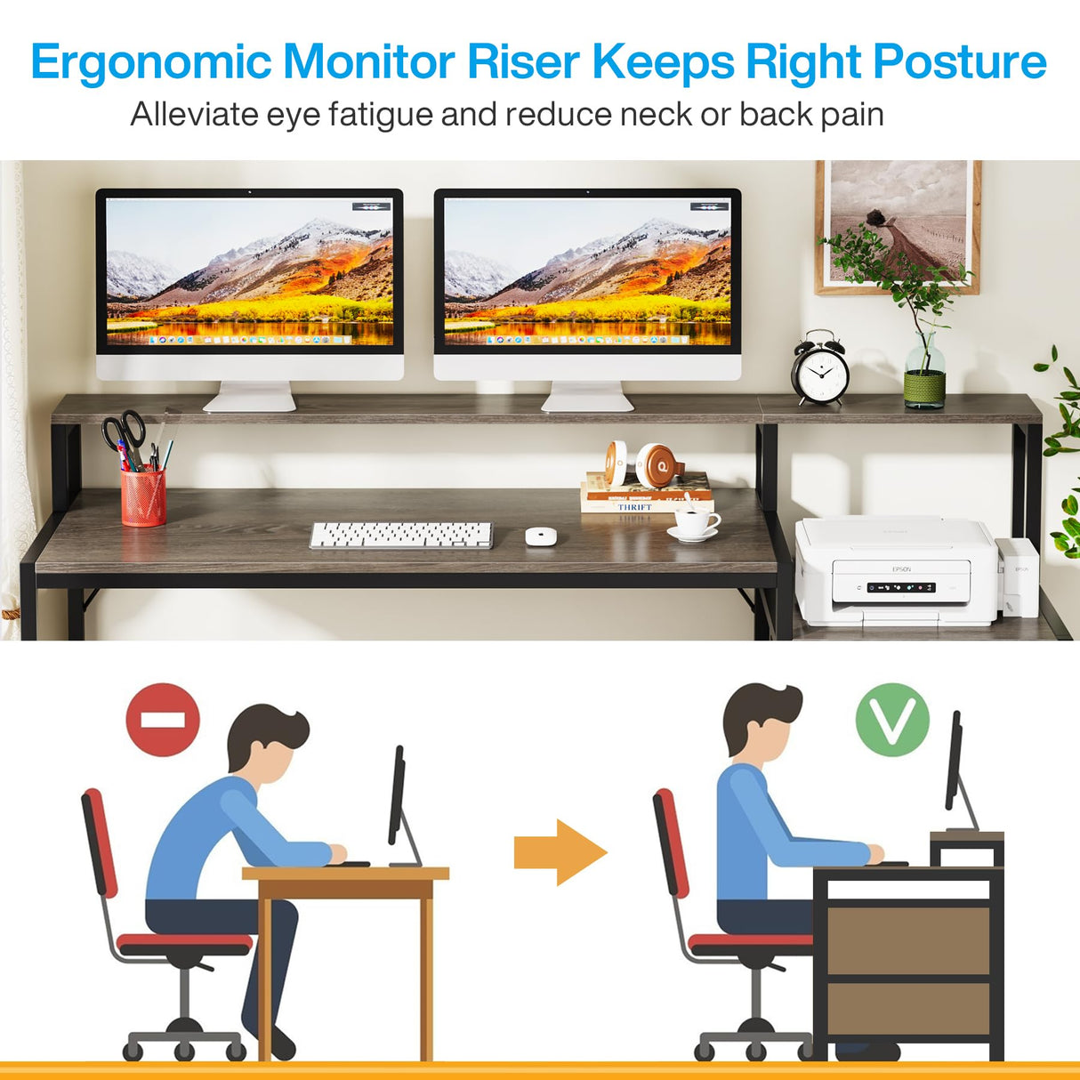 Tribesigns 63 Inch Computer Desk with File Drawer Cabinet, Ergonomic Office Desk with Monitor Stand, Industrial Computer Table with Printer Space, Wood PC Table Workstation Desk for Home Office Tribesigns