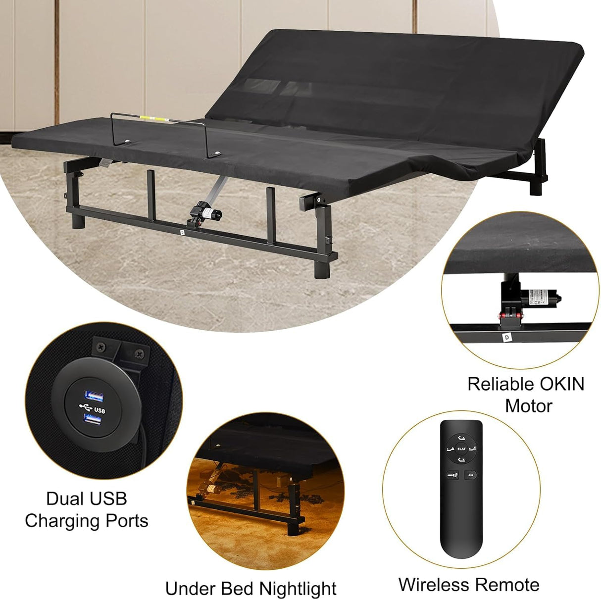 KEIKI King Adjustable Bed Frame with Remote, Head & Foot Incline, Zero Gravity, 4 USB Ports & Under-Bed Nightlight, Quiet Motor Base, Black KEIKI