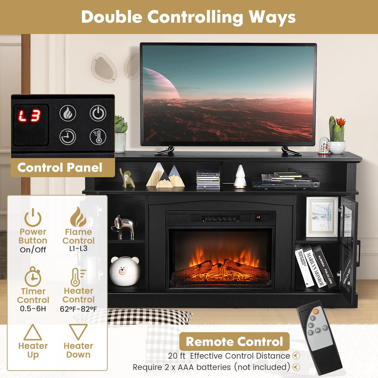 COSTWAY Electric Fireplace TV Stand for TVs Up to 65 Inches, 1400W Heater Insert with Remote Control, 6H Timer, 3-Level Flame, Overheat Protection and CSA Certification, Adjustable Shelves, Black COSTWAY