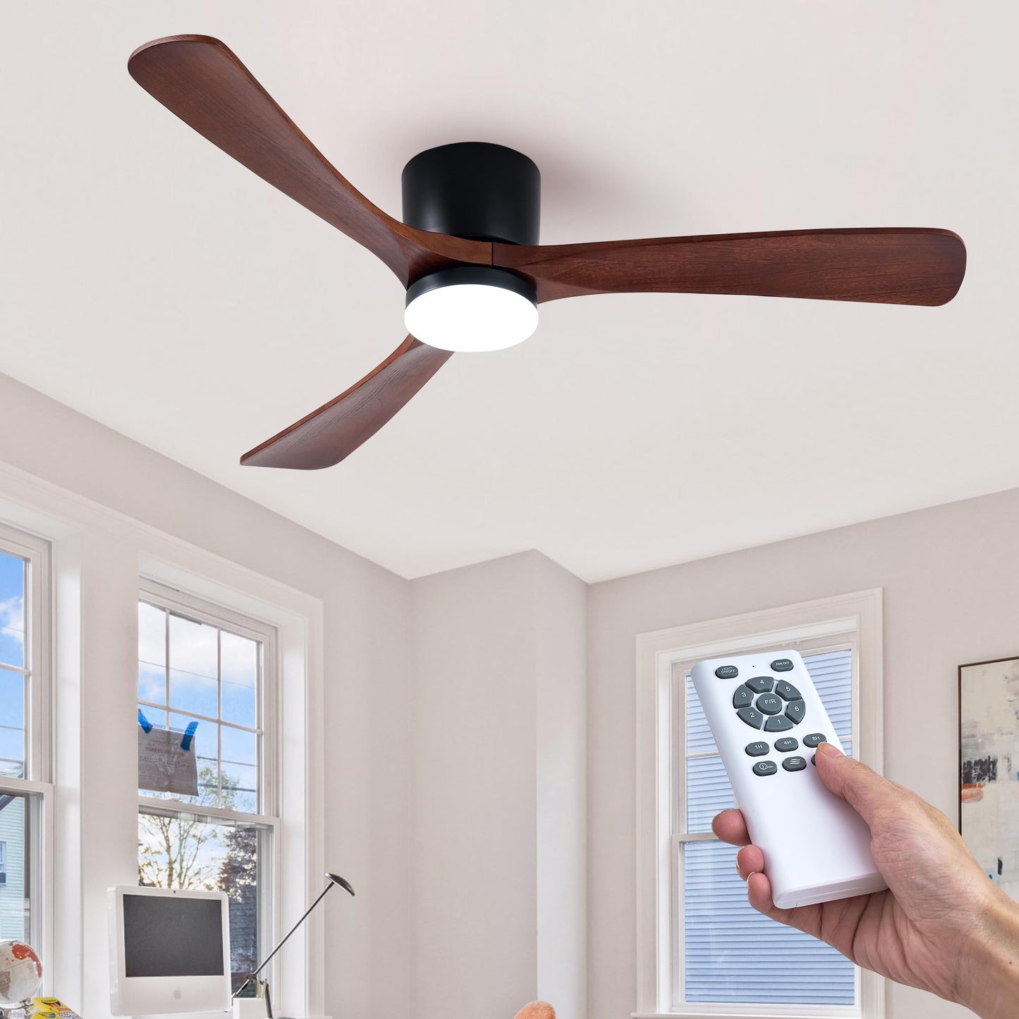 HUMHOLD 52" Wood Ceiling Fan with Lights Remote, Reversible DC Motor 6-Speed Ceiling Fan, 3 Blades Low Profile Flush Mount Ceiling Fans, Modern Ceilingfans for Low Profile, Walnut and Matte B - WoodArtSupply