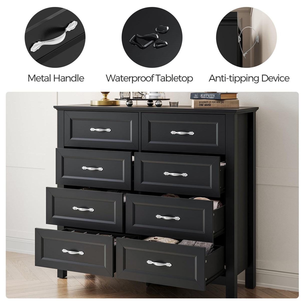 LINSY HOME 8 Drawers Dresser for Bedroom, Black Wood Dresser with Metal Handle, Farmhouse Tall Chest of Drawers with 1 pcs Fabric Divider Organizer, Storage Organizer for Living Room, Closet, Hallway LINSY HOME