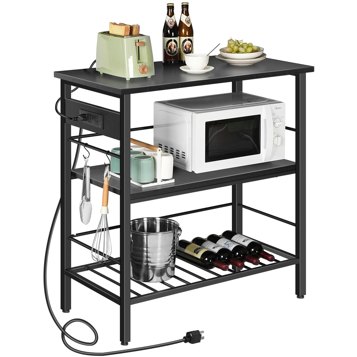 HOOBRO Kitchen Island with Storage, Kitchen Island Table with Power Outlet, 35.4" L 3 Tier Coffee Station and Microwave Stand, for Home, Kitchen and Dining Room, Black BB021ZD01 HOOBRO