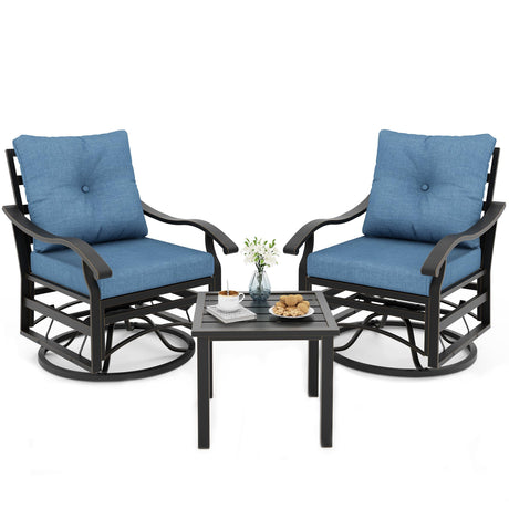 UDPATIO Outdoor Swivel Rocker Chairs, 3 Piece Metal Patio Rocking Chairs with Blue Padded Cushions Patio Bistro Furniture Set with Side Table for Porch Balcony Backyard, Blue UDPATIO