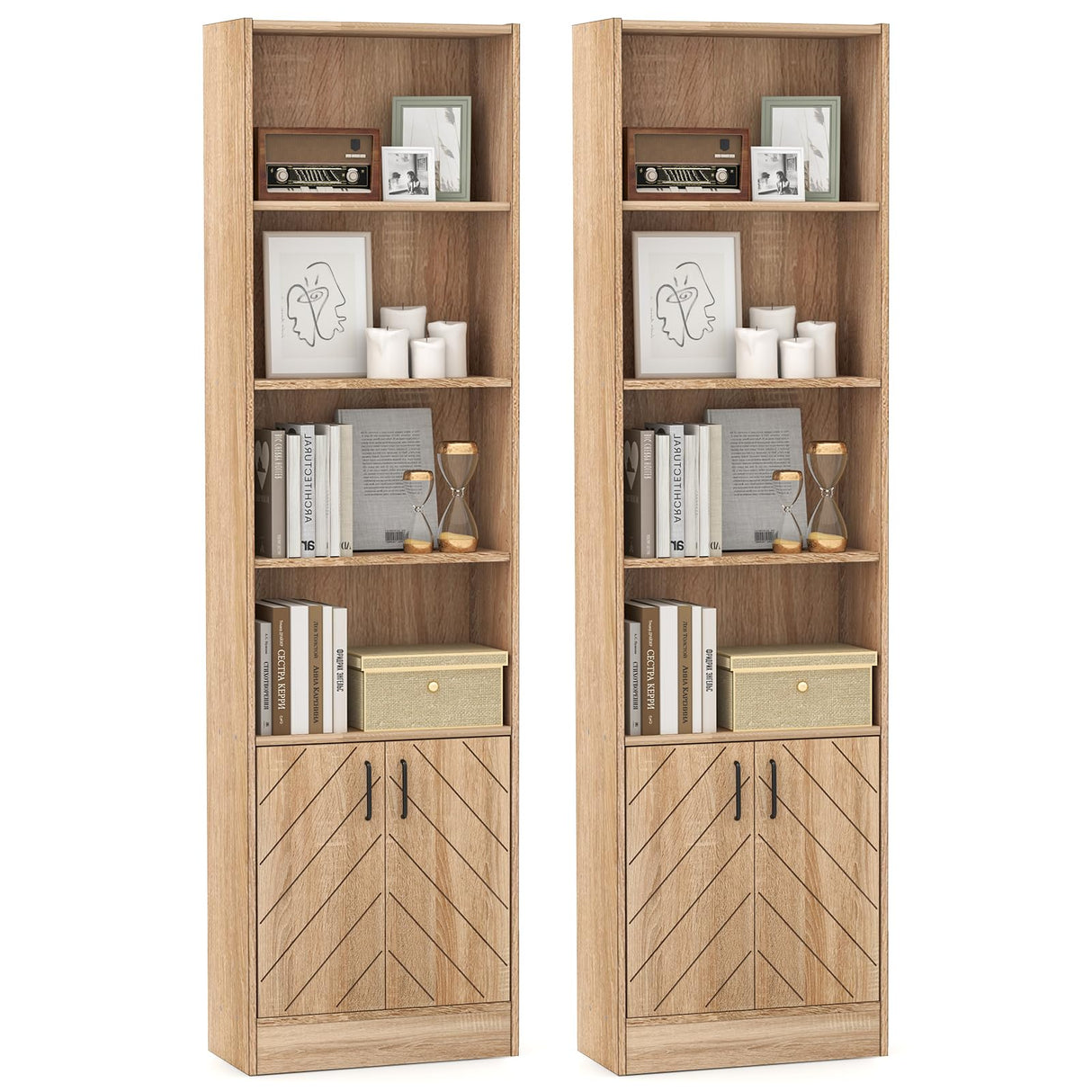 Giantex 6-Tier Bookshelf with Doors Set of 2, 71" Tall Bookcase w/ 4 Open Cubes & 3 Adjustable Shelves, Mid Century Display Cabinet, Modern Floor Storage Organizer for Living Room, Study, Oak Giantex