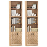 Giantex 6-Tier Bookshelf with Doors Set of 2, 71" Tall Bookcase w/ 4 Open Cubes & 3 Adjustable Shelves, Mid Century Display Cabinet, Modern Floor Storage Organizer for Living Room, Study, Oak Giantex
