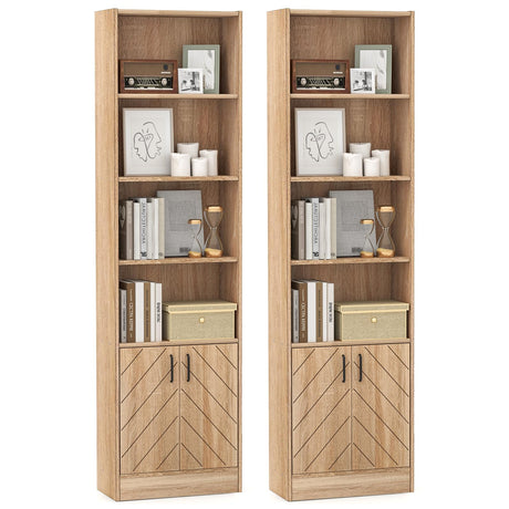 Giantex 6-Tier Bookshelf with Doors Set of 2, 71" Tall Bookcase w/ 4 Open Cubes & 3 Adjustable Shelves, Mid Century Display Cabinet, Modern Floor Storage Organizer for Living Room, Study, Oak Giantex