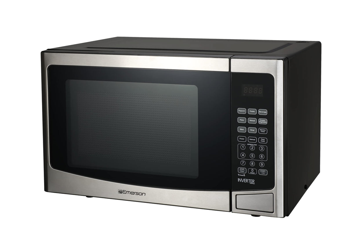 Emerson MWI1212SS Countertop Microwave Oven with Inverter and Button Control, LED Display 1000W 10 Power Levels, 8 Auto Menus, Glass Turntable and Child Safe Lock, 1.2 Cu. Ft, Stainless Steel Emerson
