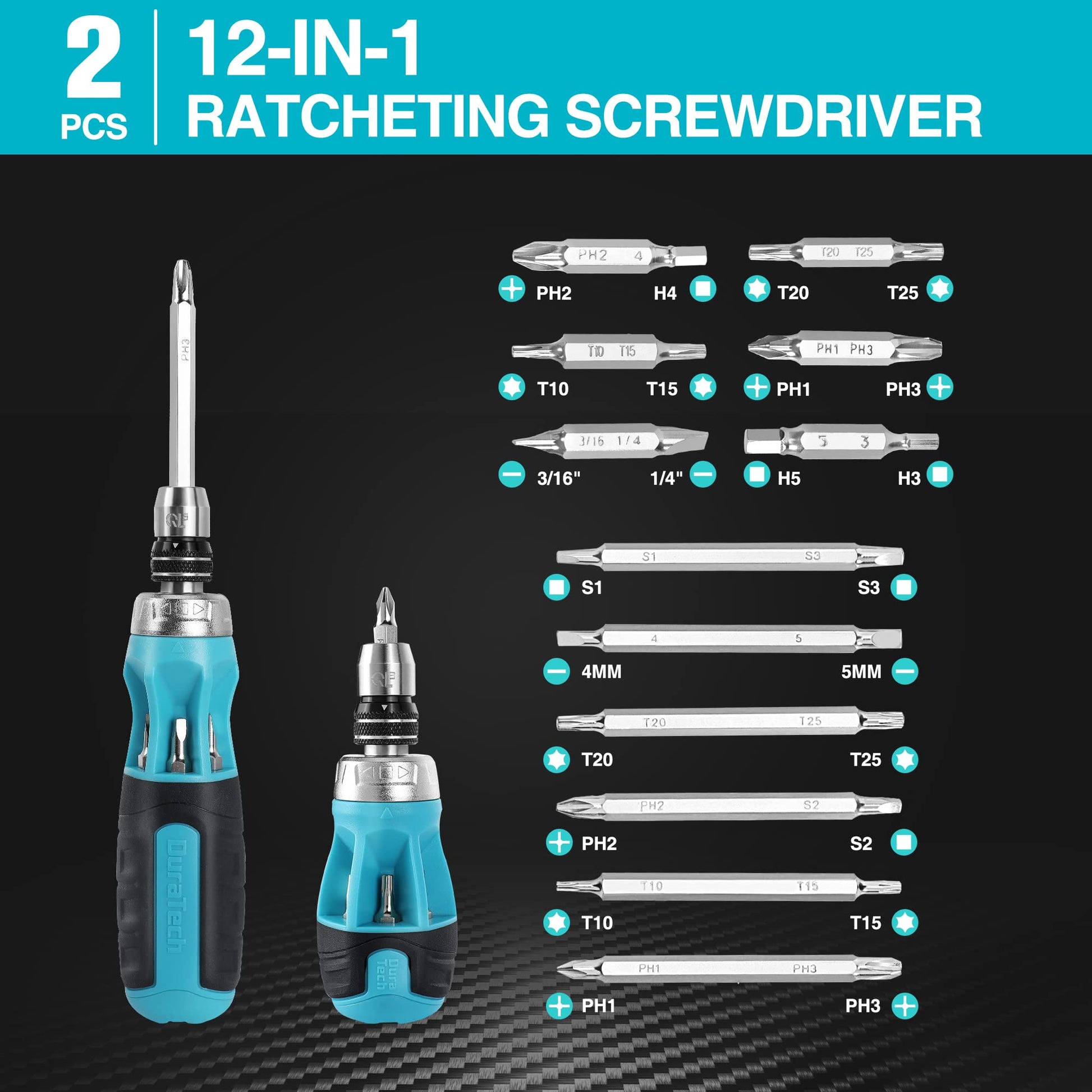 DURATECH 2PCs Ratcheting Screwdriver Set, 12-in-1 Multi-bit Standard/Stubby Screw Driver Set, Premium S2 Steel, Innovated Bits Quick-Load Mechanism, with Phillips, Slotted, Torx, Square Bits - WoodArtSupply