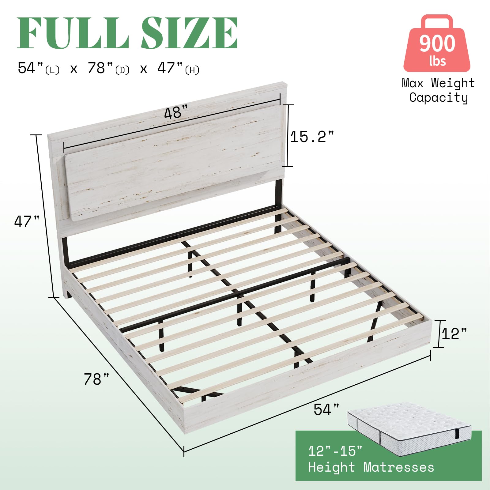 AMERLIFE Distressed White Full Bed Frame with Floating Design, Recline Headboard & Versatile RGB LED Lighting - WoodArtSupply