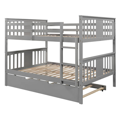 MERITLINE Bunk Bed Full Over Full, Wood Bunk Bed with Twin Size Trundle Bed and Ladder, Space Saving Design Bedroom Furniture (Gray)