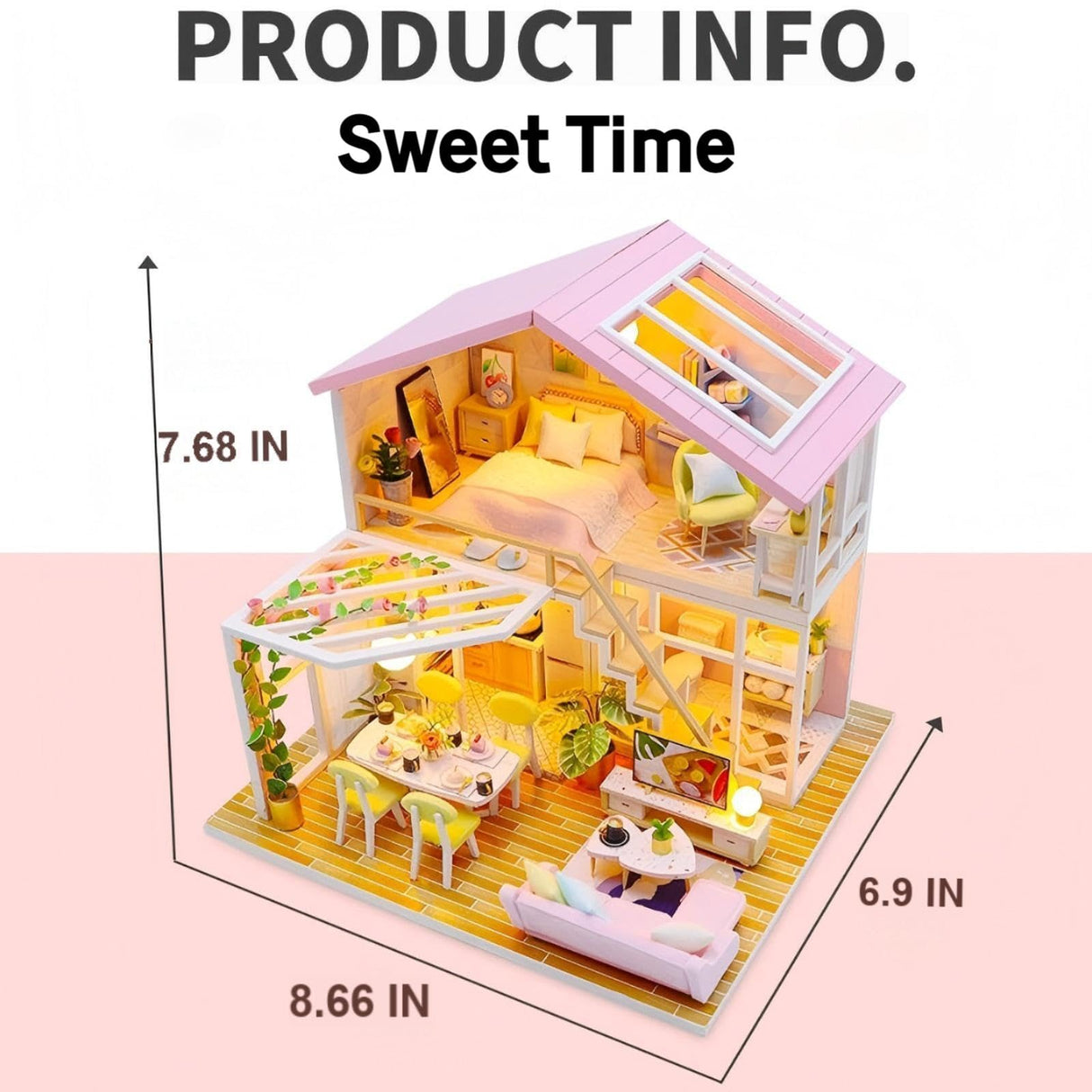 OZJAY DIY Miniature House Kit, Mini House Building Kit with LED & Furniture, DIY Wooden Dollhouse Miniature Kit for Adults Teen, Wooden Crafts Lovely Dollhouse Kit, Sweet Time OZJAY