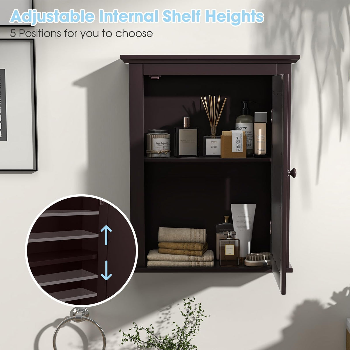 Safeplus Brown Medicine Cabinet with Mirror, Wall Mounted Adjustable Storage for Bathroom, Living Room, Bedroom, Entryway and Kitchen Safeplus