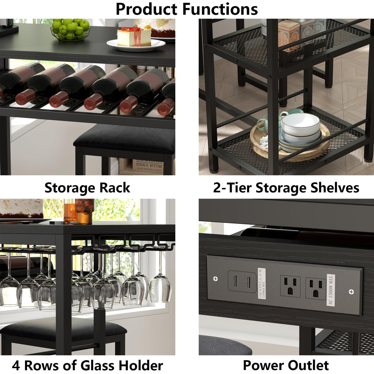 Gyfimoie Bar Table and Chairs Set with Power Outlet, Pub Table and Chairs Set for 2 with 2 Storage Shelves, 3 Piece Table Set with Wine Rack&Glass Holder for Living Room,Dining Room,Small Apt (Black) Gyfimoie