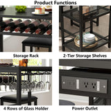 Gyfimoie Bar Table and Chairs Set with Power Outlet, Pub Table and Chairs Set for 2 with 2 Storage Shelves, 3 Piece Table Set with Wine Rack&Glass Holder for Living Room,Dining Room,Small Apt (Black) Gyfimoie