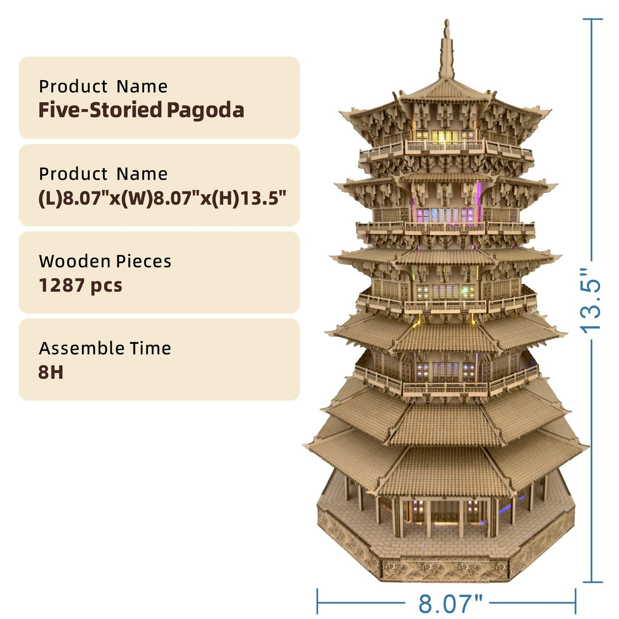 3D Wooden Puzzles for Adults Wooden Pagoda Assembly Model Kits,3D Puzzle Adult Building Crafts for Adults and 14+ Teens.(Five-Storied Pagoda 1287 Pieces) Bon amixyl