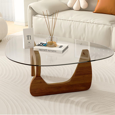 Modern Glass Coffee Table, 32.3″D×25.6″W×15.8″H-Abstract Unique Mid Century Triangle Center Table for Living Room, Minimalist Middle Tables for Home Office, Wooden Base