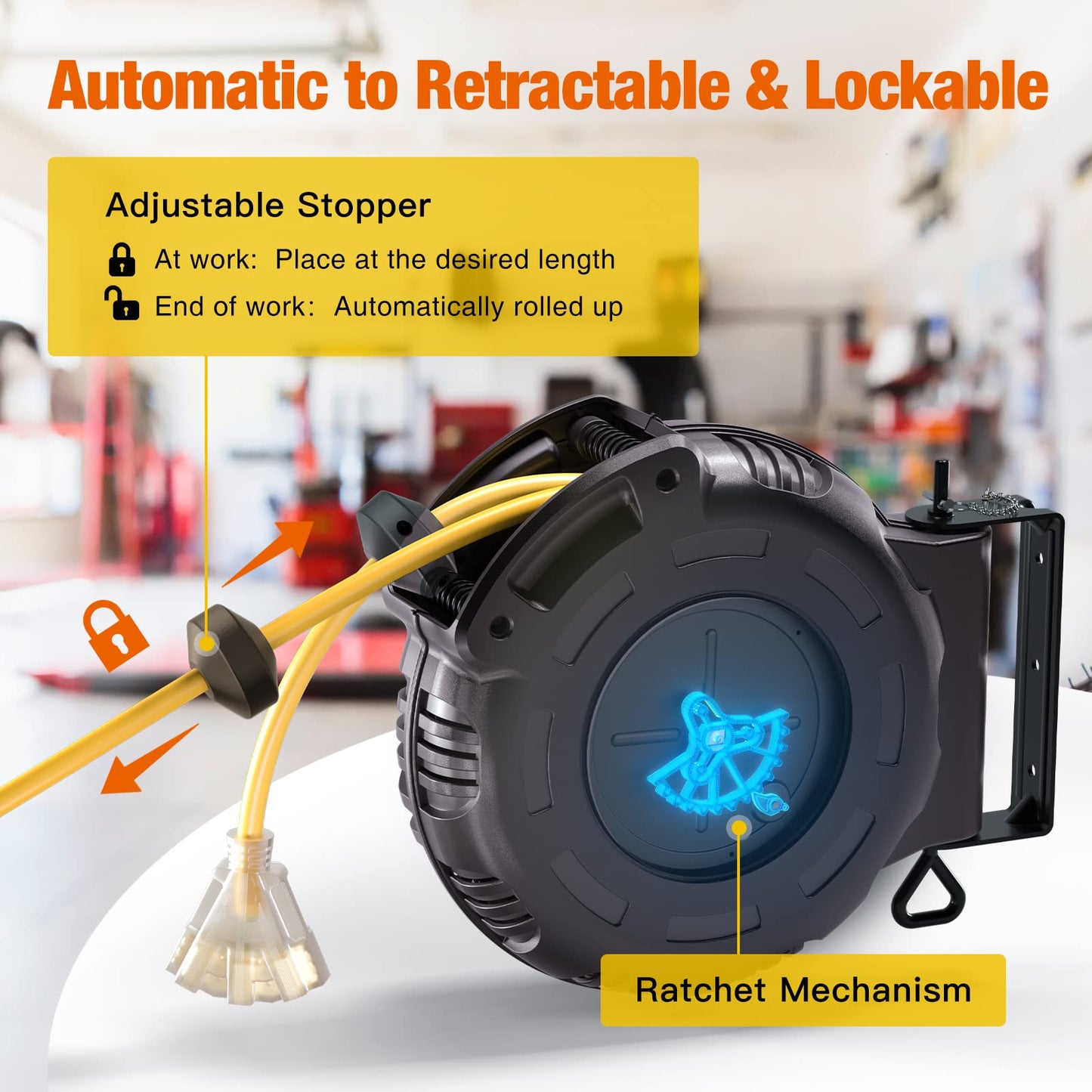 addlon Retractable Extension Cord Reel - 40FT Heavy Duty 12 AWG Power Cord with 5FT Ultra Lead in, 3 LED Outlets, Safety 15 Amp Circuit Breaker, Ceiling/Wall Mount for Workshop/Garage - SJTOW - WoodArtSupply