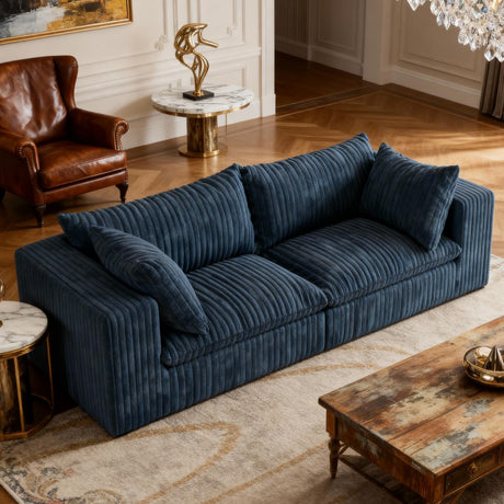 CKEASEAN 78.8" Corduroy Boneless Loveseat Couch with Removable Cushion, Cloud sectional Sofa, No Assembly Required, Compression Sofa in a Box, DlY Combination for Living Room (Blue) CKEASEAN