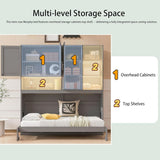 Twin Horizontal Murphy Bed with Storage Cabinet, LED Light and Charging Station,Wood Folding Murphy Wall Bed Cabinet with Bookcase and Shelves for Adult (Grey) MERITLINE