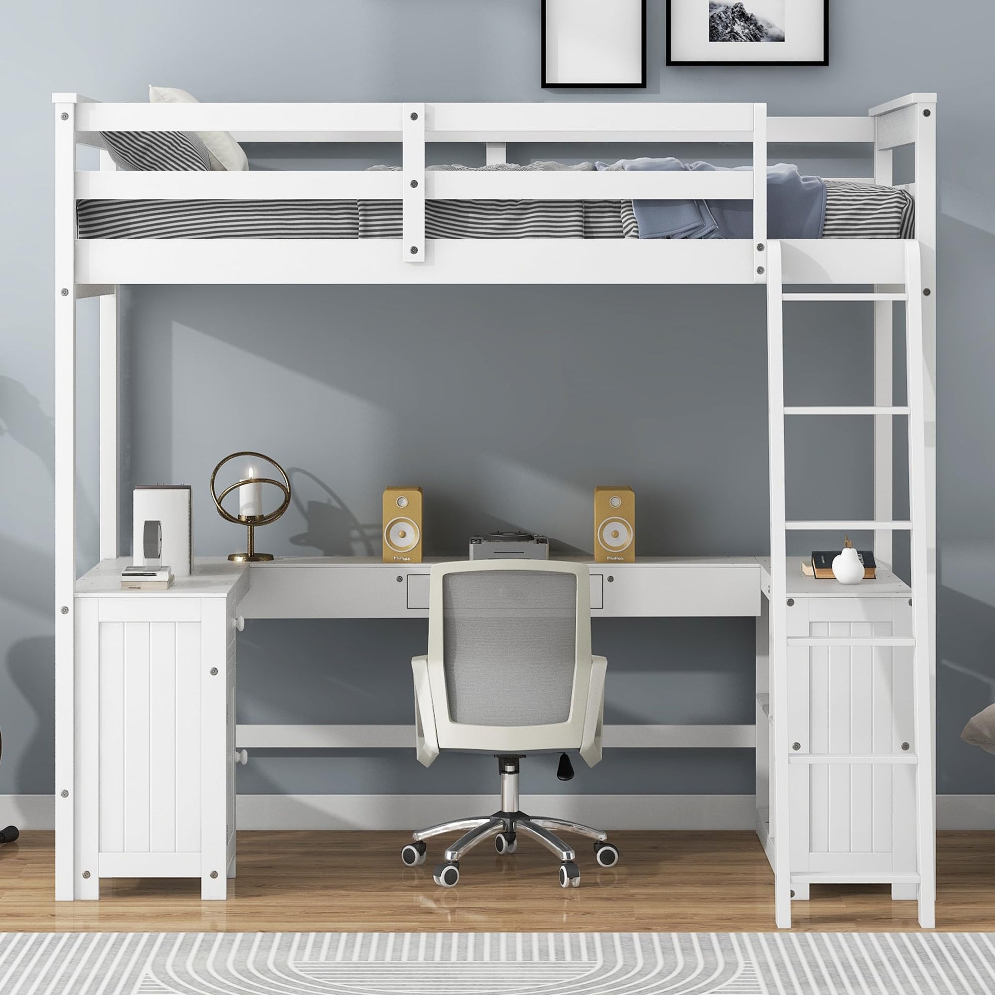 Harper & Bright Designs White Twin Size Loft Bed with U-Shaped Desk, Drawers, and Storage Shelves - WoodArtSupply