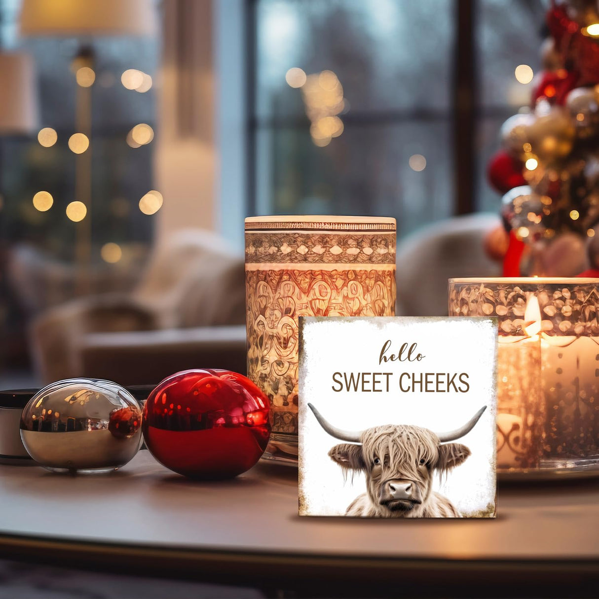 Nrleey Highland Cow Bathroom Decor - Hello Sweet Cheeks Bathroom Decor, Rustic Western Bathroom Wood Sign, Highland Cow Decor, Western Bathroom Sign, 5 X 5 Inches Nrleey