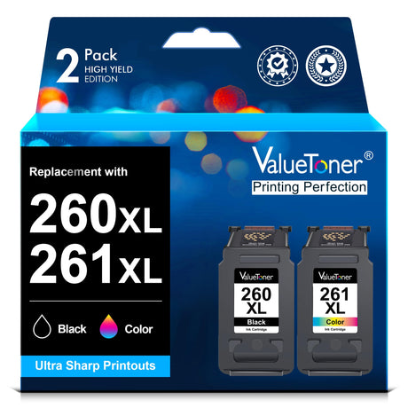 Valuetoner 260XL and 261XL Ink Cartridges Combo Pack Replacement for Canon 260 and 261 Ink Cartridges PG-260 CL-261 Work with Canon TS6420a TS6420 TS6400 TR7020 TR7020a TS5320 (1 Black, 1 Tri-Color) Valuetoner