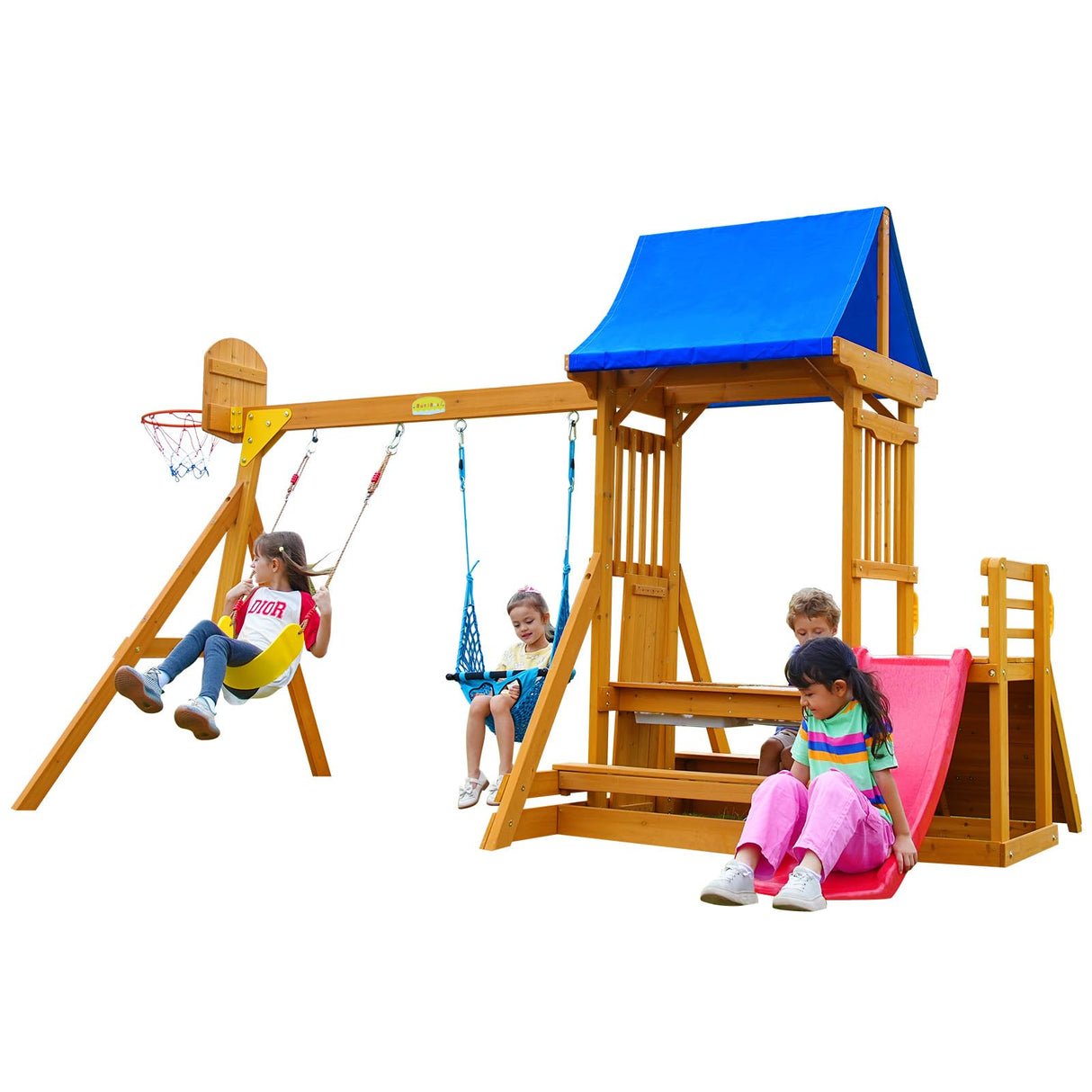 SuniBoxi Kids Swing Sets for Backyard, Wooden Playground Sets for backyards with a Wave Slide, Rock Climbing Wall, 2 Swings, and More,6-in-1 Outdoor Playset SuniBoxi