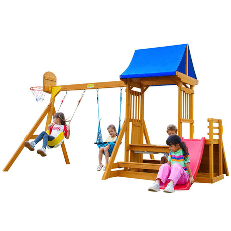SuniBoxi Kids Swing Sets for Backyard, Wooden Playground Sets for backyards with a Wave Slide, Rock Climbing Wall, 2 Swings, and More,6-in-1 Outdoor Playset SuniBoxi