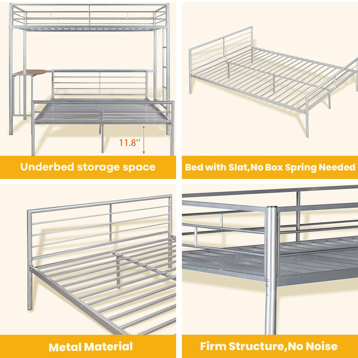 Metal Twin Over Full Bunk Bed Frame with Desk, Loft Platform Mattress Foundation with Steel Slat Support Storage Space Merax