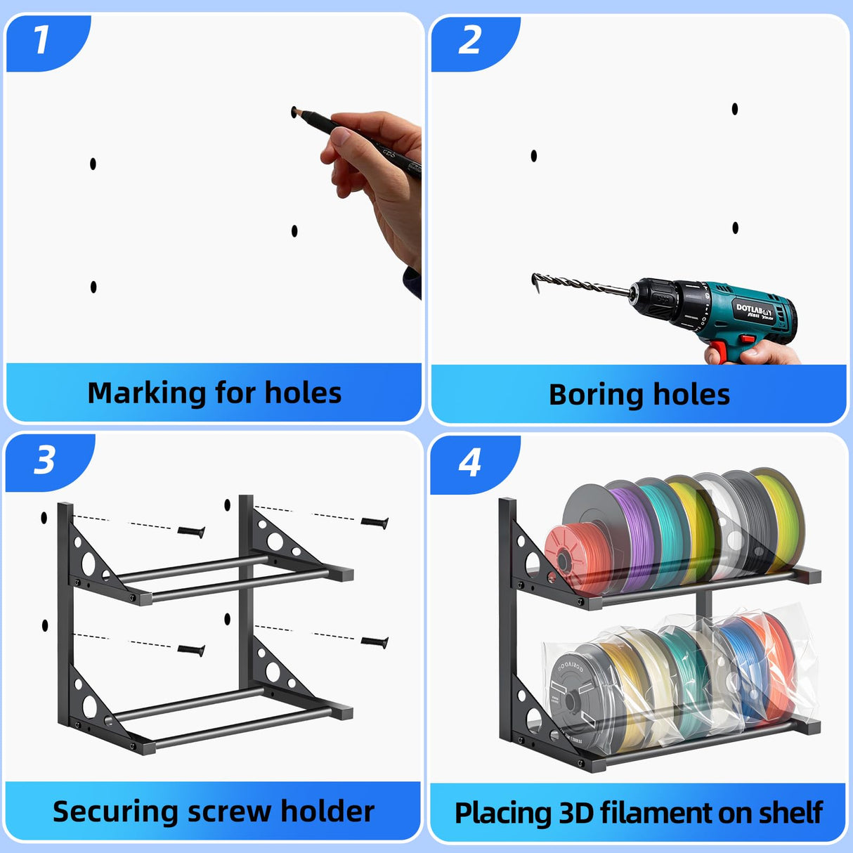 3D Filament Rack Wall Mount, Desktop 3D Printer Filament Storage, Rolling 3D Filament Holders Racks, 2-Tier Heavy Duty Metal Shelf for TPU/PLA/ABS Karuikev