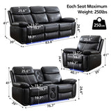 Power Recliner Sofa Set 3 Piece with Bass Speakers for Living Room,Faux Leather 3 Seater Reclining Couch with Wireless Charger and Loveseat Theater Seating,Electric Recliner Chair with LED Light,Black Comfort Stretch