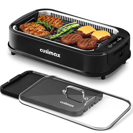 Indoor Grill, CUSIMAX Smokeless Grill Indoor, 1500W Electric Grill Griddle Korean BBQ Grill with LED Smart Display & Tempered Glass Lid, Non-stick Removable Grill Plate & Griddle Plate, Black CUSIMAX