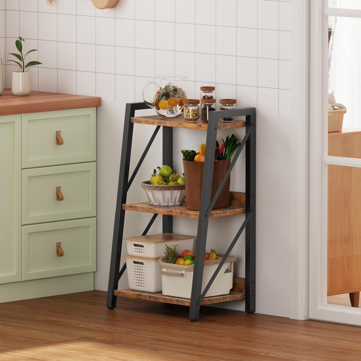 HOOBRO Ladder Shelf, 3-Tier Bookshelf, Corner Bookcase, Freestanding Storage Shelf Display Organizer, for Living Room, Bedroom, Home Office, Kitchen, Rustic Brown and Black BF303CJ01 HOOBRO