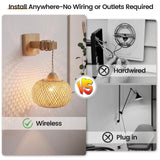 Battery Operated Wall Sconce Set of Two, Wireless Rechargeable Wall Lights, Rattan Wall Lamps with Remotes and Dimmable RGB LED Bulbs, Indoor Boho Wood Sconces Wall Decor for Bedroom Living Room MANGINY