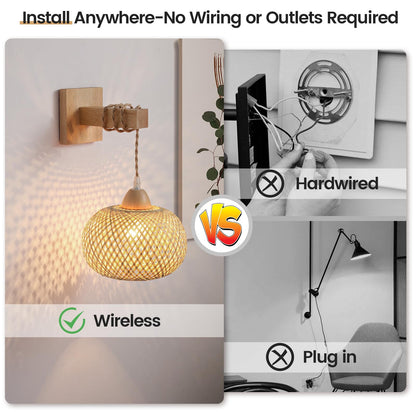 Battery Operated Wall Sconce Set of Two, Wireless Rechargeable Wall Lights, Rattan Wall Lamps with Remotes and Dimmable RGB LED Bulbs, Indoor Boho Wood Sconces Wall Decor for Bedroom Living R - WoodArtSupply