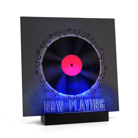 Woodoulogy Now Playing Vinyl Record Stand,Light Up Wooden Album Display Holder with Acrylic Sign, Multi Color LED Now Spinning Hip Hop Record Wood Rack,LP Record Player Accessories Gift Woodoulogy