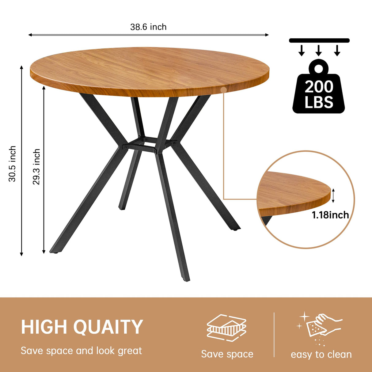 Recaceik 39" Walnut Round Dining Table for 4-6 People with Square Metal Base Recaceik