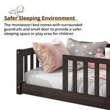 LLS Twin Floor Bed for Children, Durable Montessori Floor Bed with Sturdy Slats and Safety Fence, Solid Wood Floor Bed Frame for Girls Boys and Teens, Espresso (Without Door) LLS