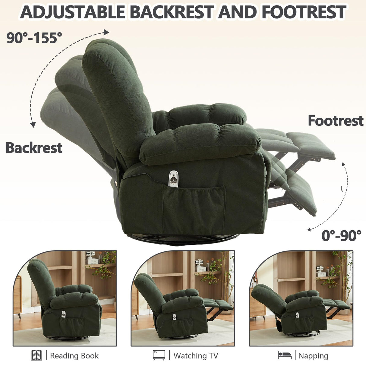Oversized Recliner Chair & Massage Chair Recliner with Heat,Cozy Lazy Boy Recliners Chairs for Adults, Rocker Recliners Chairs&Manual Reclining with Adjustable Backrest,Pockets (Green) HRVEOCEI