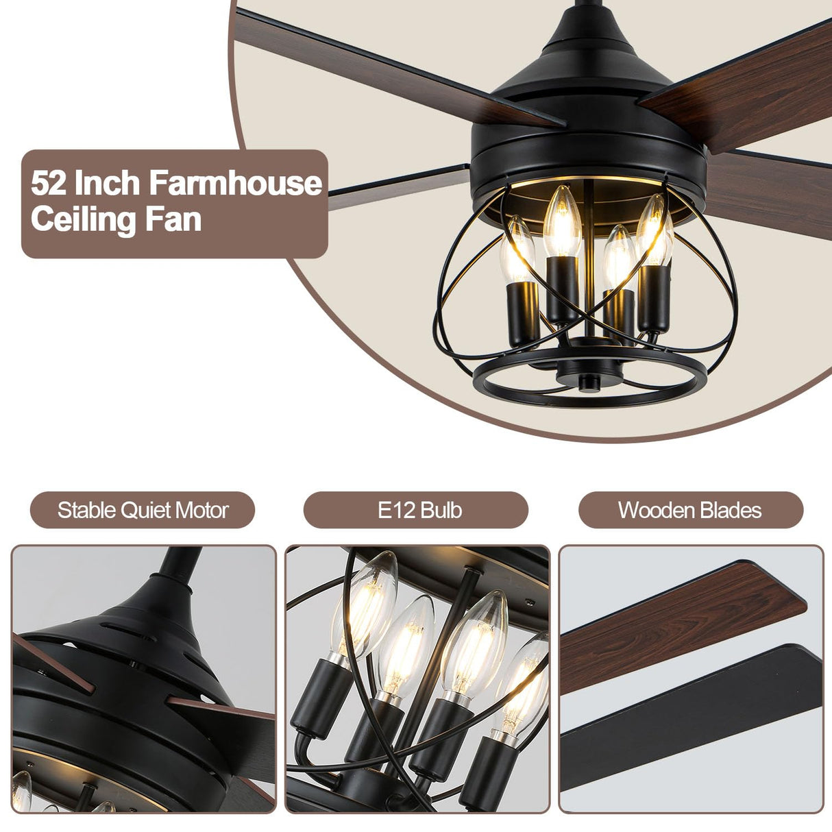 Curve Curio 52 Inch Farmhouse Ceiling Fan with Light and Remote Industrial Ceiling Fan Quiet and Reversible DC Motor Rustic Caged Chandelier Fan for Living Room Bedroom Patio (Caged Frame) Curve Curio
