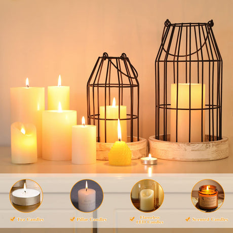 Rustic Wire Metal Cloche Set of 2 Candle Lantern Decorative Indoor Outdoor Vintage Cage Candle Holders Modern Farmhouse Decor for Fireplace Mantle Entryway Living Room Kitchen Dining Table Centerpiece SHOHAYTO