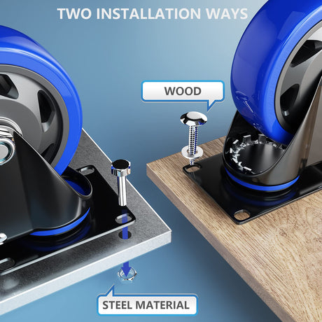 5 Inch Caster Wheels with Safety Dual Locking, Heavy Duty Casters Set of 4, Industrial Swivel Casters 2400Lbs, Polyurethane No Noise Wheels for Cart, Furniture(Bonus of 2 Hardware Kits) WOZESEIK