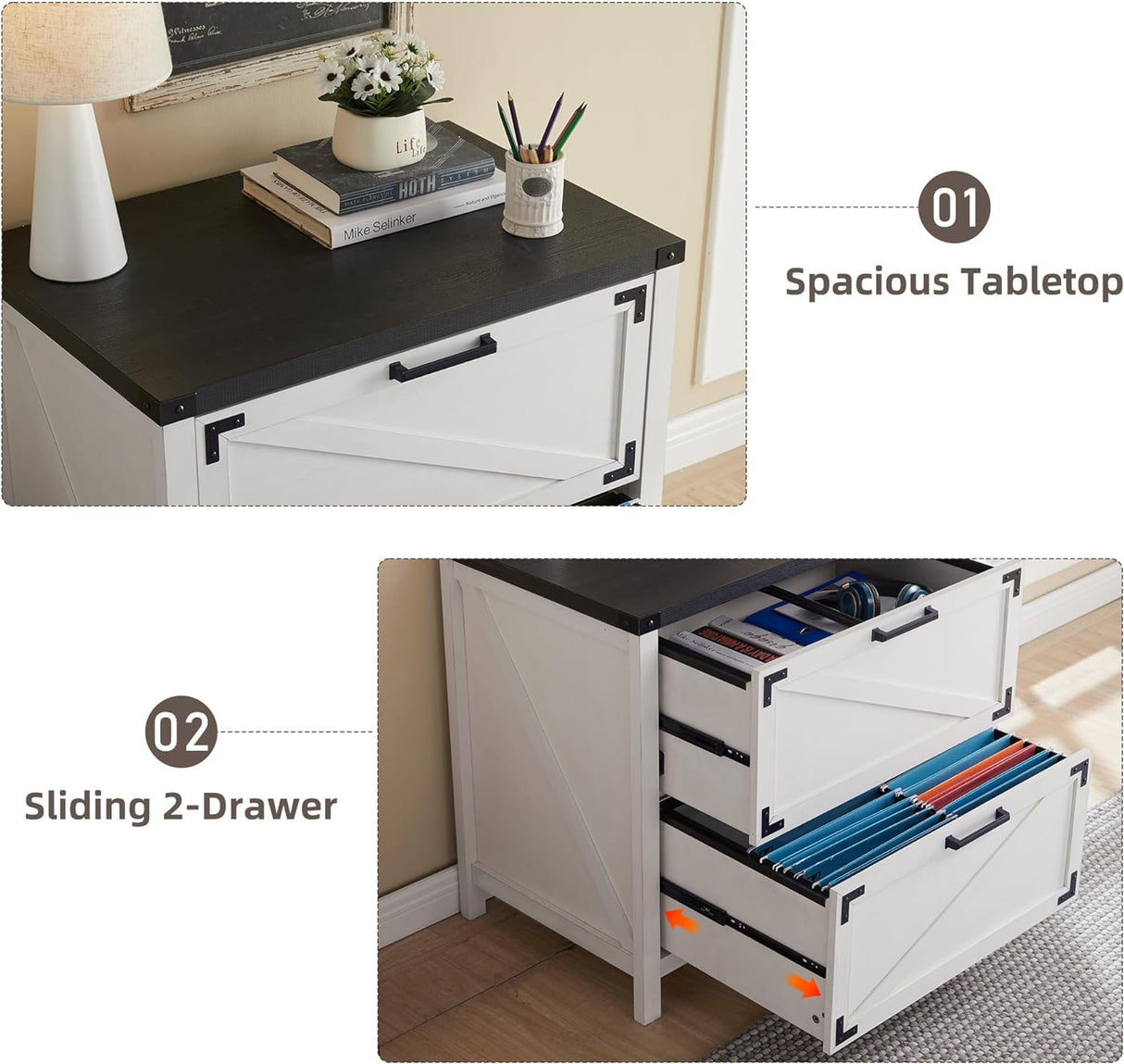 JXQTLINGMU 2 Drawer Farmhouse File Cabinet, Lateral Filing Cabinet with Lock for Home Office, Compatible Legal Letter A4 F4 Size, White JXQTLINGMU